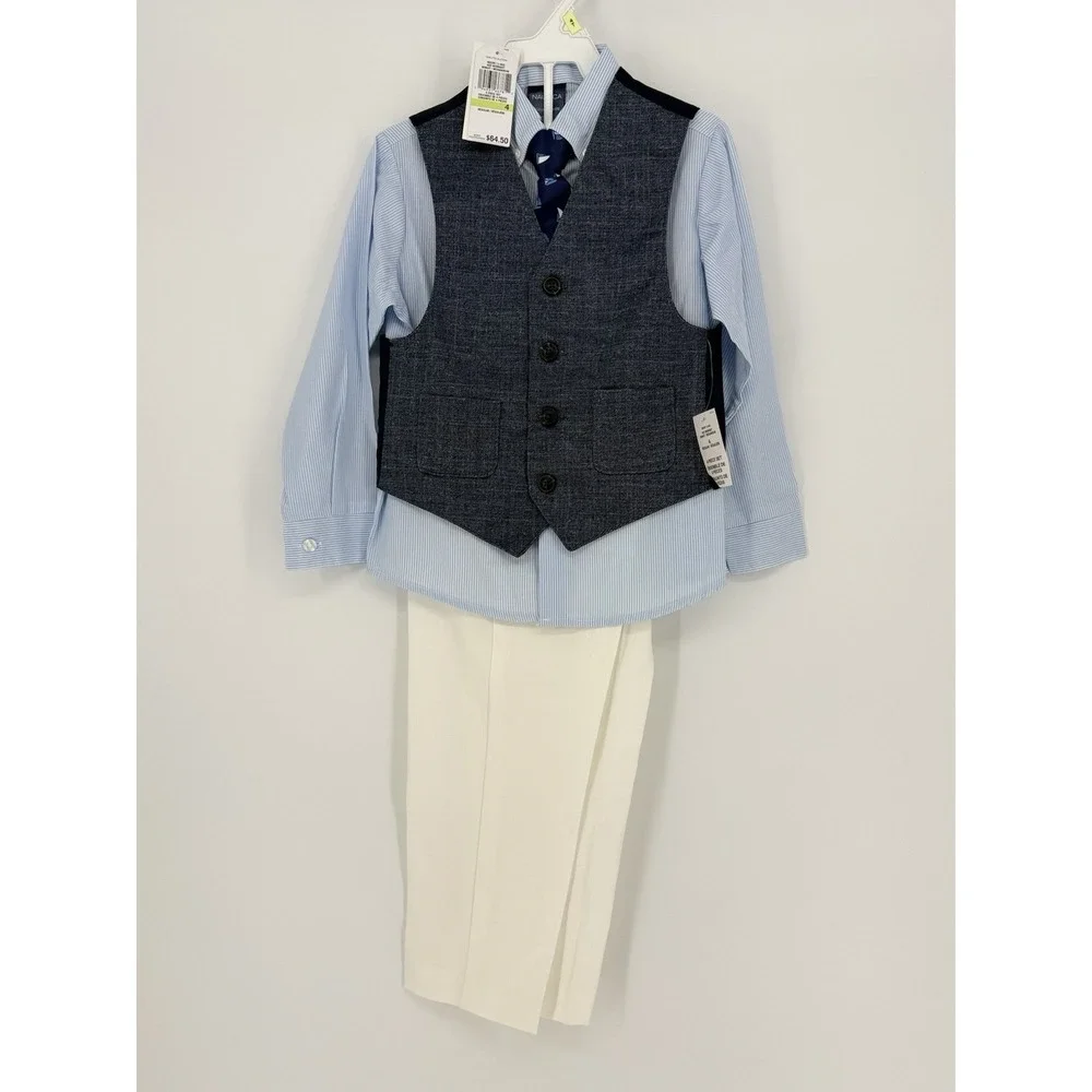 Nautica Boys Kids 4 Piece Linen Look Vest With Tie‎ Set Beige Blue Size 4